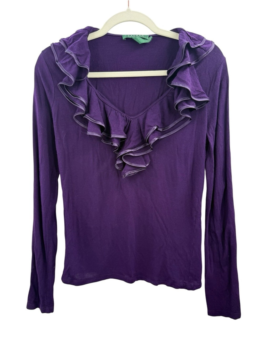 Lauren Ralph Lauren Purple Ruffle Neck Top M Plum Romantic Feminine Stretch Knit